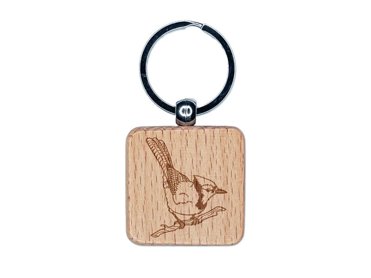 Blue Jay Bird on Branch Engraved Wood Square Keychain Tag Charm
